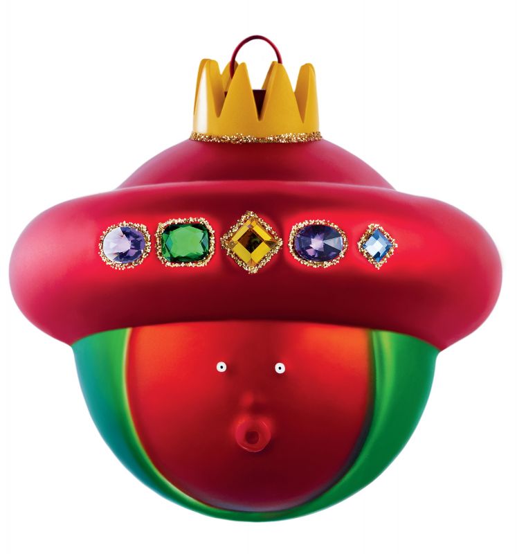 Weihnachtskugel Balthasar von Alessi: Rote Christbaumkugel mit Krone und Schmucksteinen für den Weihnachtsbaum.